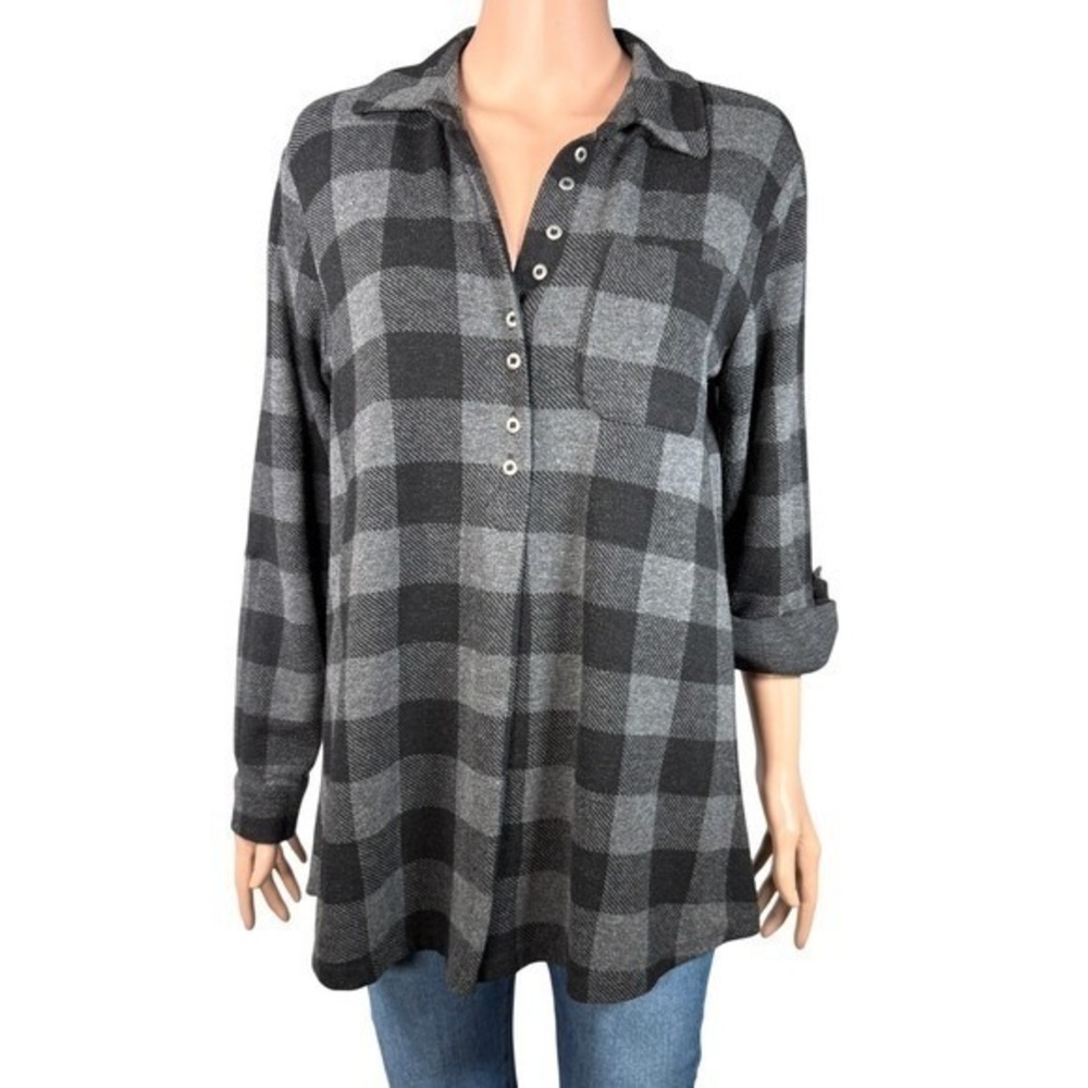 Soft‎ Surroundings Grey Black Buffalo Plaid Henley Tunic Top PS 3CB29